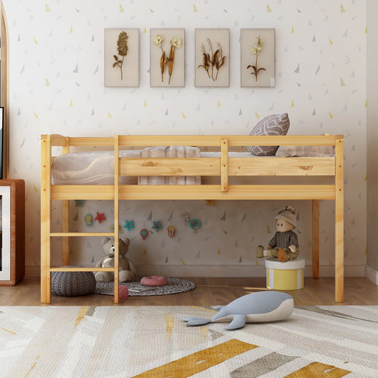 Twin Wood Loft Bed Low Loft Beds for Kids with Ladder,Twin,Natural