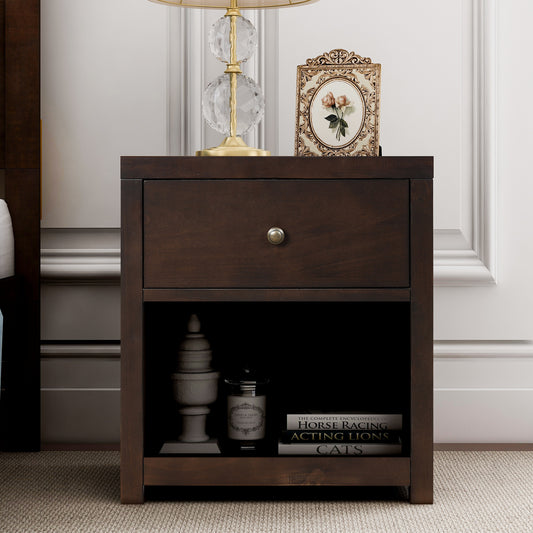 Vintage Aesthetic 1 Drawer Solid Wood Nightstand Sofa End Table in Rich Brown (Nightstand of Freely Configurable Bedroom Sets)