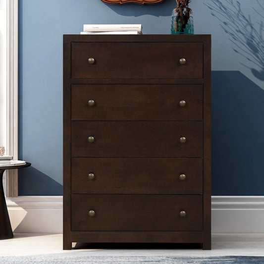 Vintage Aesthetic 5 Drawers Solid Wood Chest in Rich Brown (Chest of Freely Configurable Bedroom Sets)