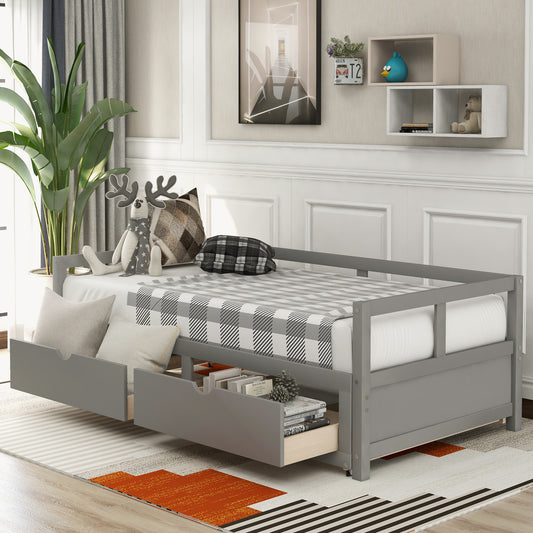 Wooden Daybed with Trundle Bed and Two Storage Drawers ,Extendable Bed Daybed,Sofa Bed for Bedroom Living Room, Gray