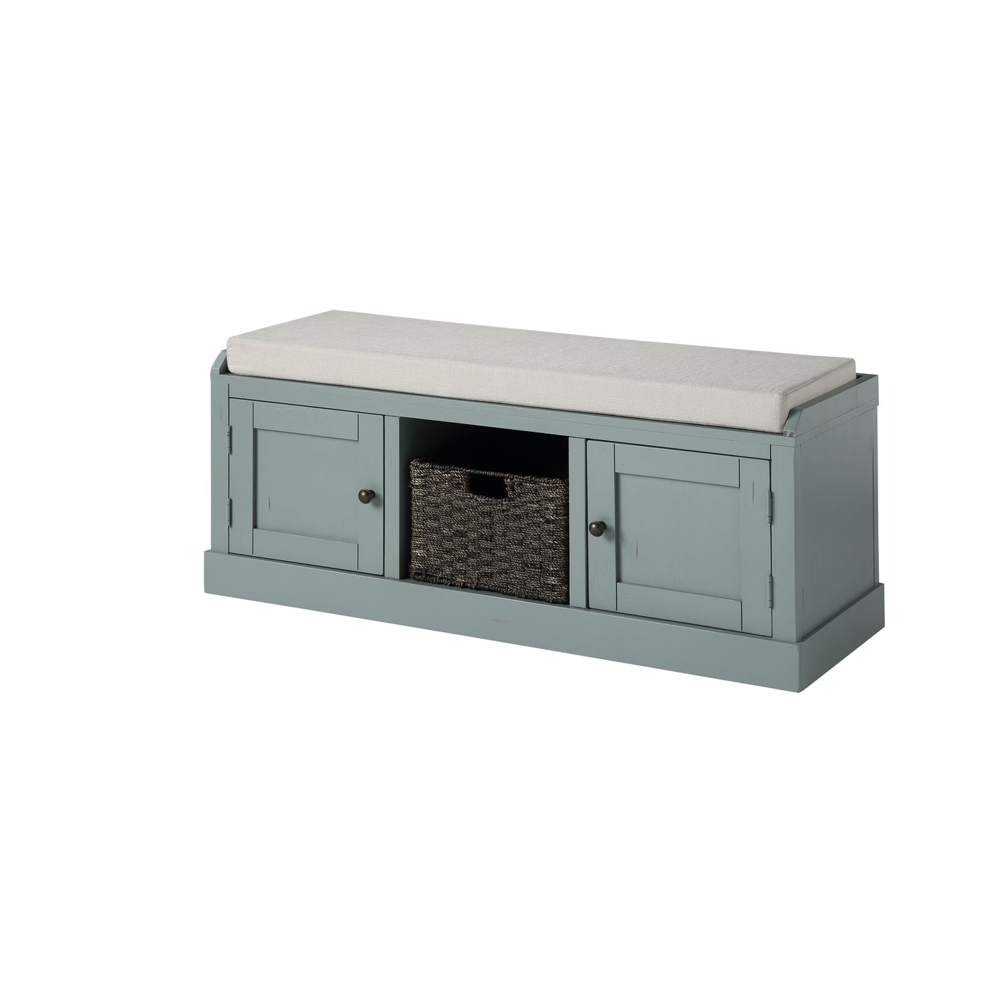 Homes Collection Wood Storage Bench with 2 Cabinets and 1 Basket