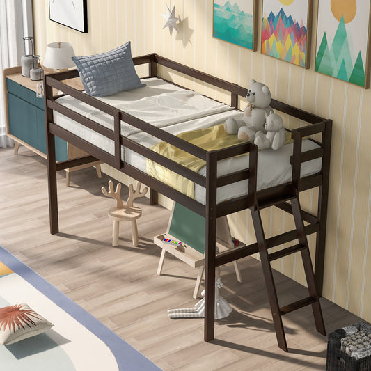 Wooden Twin Size Low Loft Bed with Ladder, Espresso(New)
