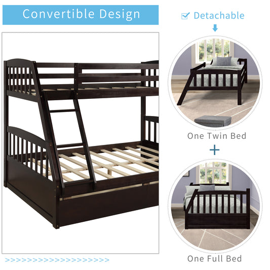 Solid Wood Twin Over Full Bunk Bed with Two Storage Drawers, Espresso