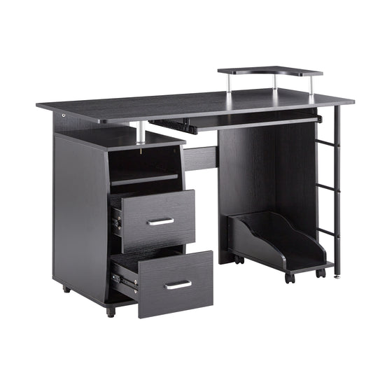 DN solid wood computer Desk,office table with PC droller, storage shelves and file cabinet , two drawers, CPU tray,a shelf used for planting, single , black