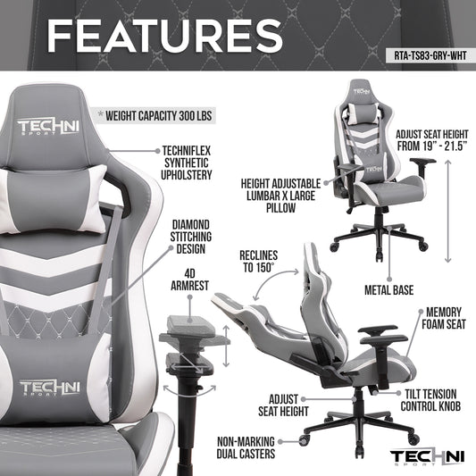 Techni Sport TS-83 Ergonomic High Back Racer Style PC Gaming Chair, Grey/White