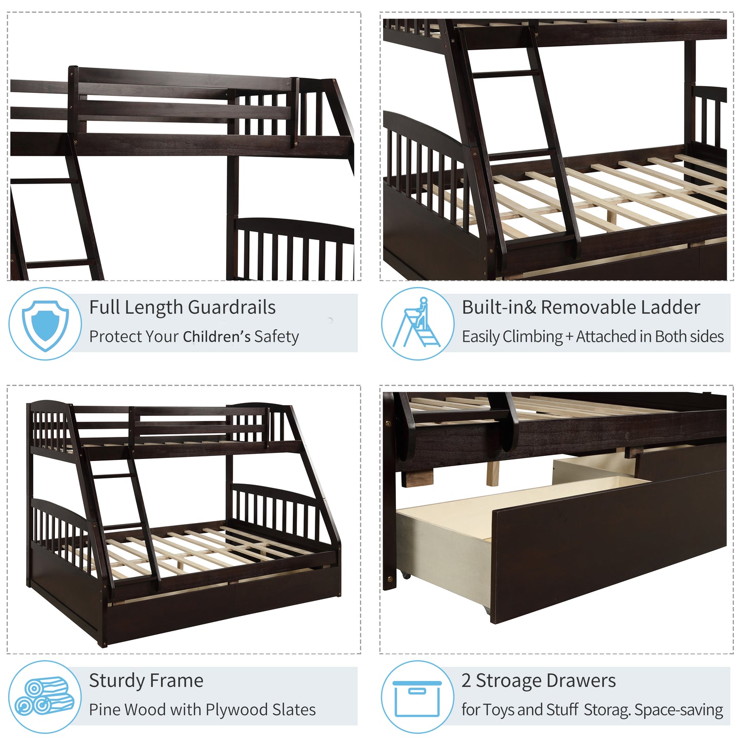 Solid Wood Twin Over Full Bunk Bed with Two Storage Drawers, Espresso