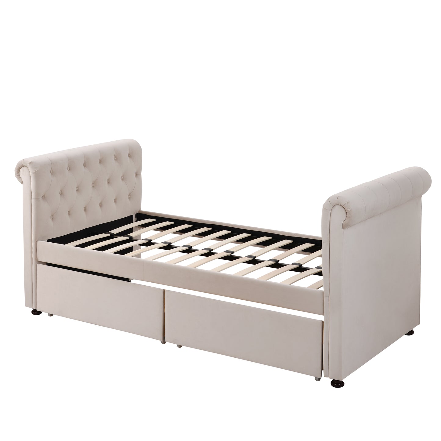 Twin Size Upholstered daybed with Drawers, Wood Slat Support, Beige