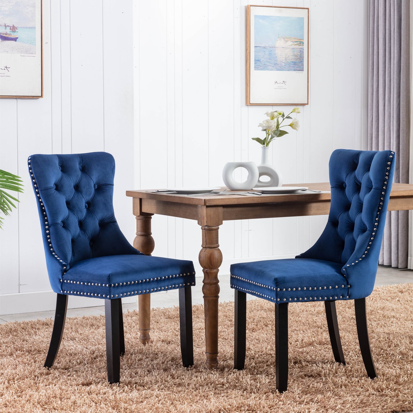 AA Furniture,Nikki Collection Modern, High-end Tufted Solid Wood Contemporary Velvet Upholstered Dining Chair with Wood Legs Nailhead Trim 2-Pcs Set, Blue