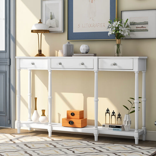 Solid Wood Console Table, Classic Entryway Table with Storage Shelf and Drawer for Home