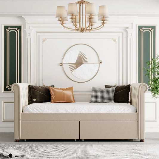 Twin Size Upholstered daybed with Drawers, Wood Slat Support, Beige