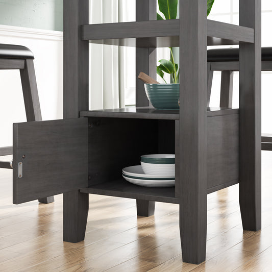 Counter Height Wood Kitchen Dining Table Set with Storage Cupboard and Shelf for Small Places, Gray