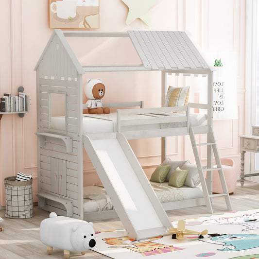 Twin Over Twin Bunk Bed Wood Bed with Roof, Window, Slide, Ladder for Kids, Teens, Girls, Boys ( Antique White )