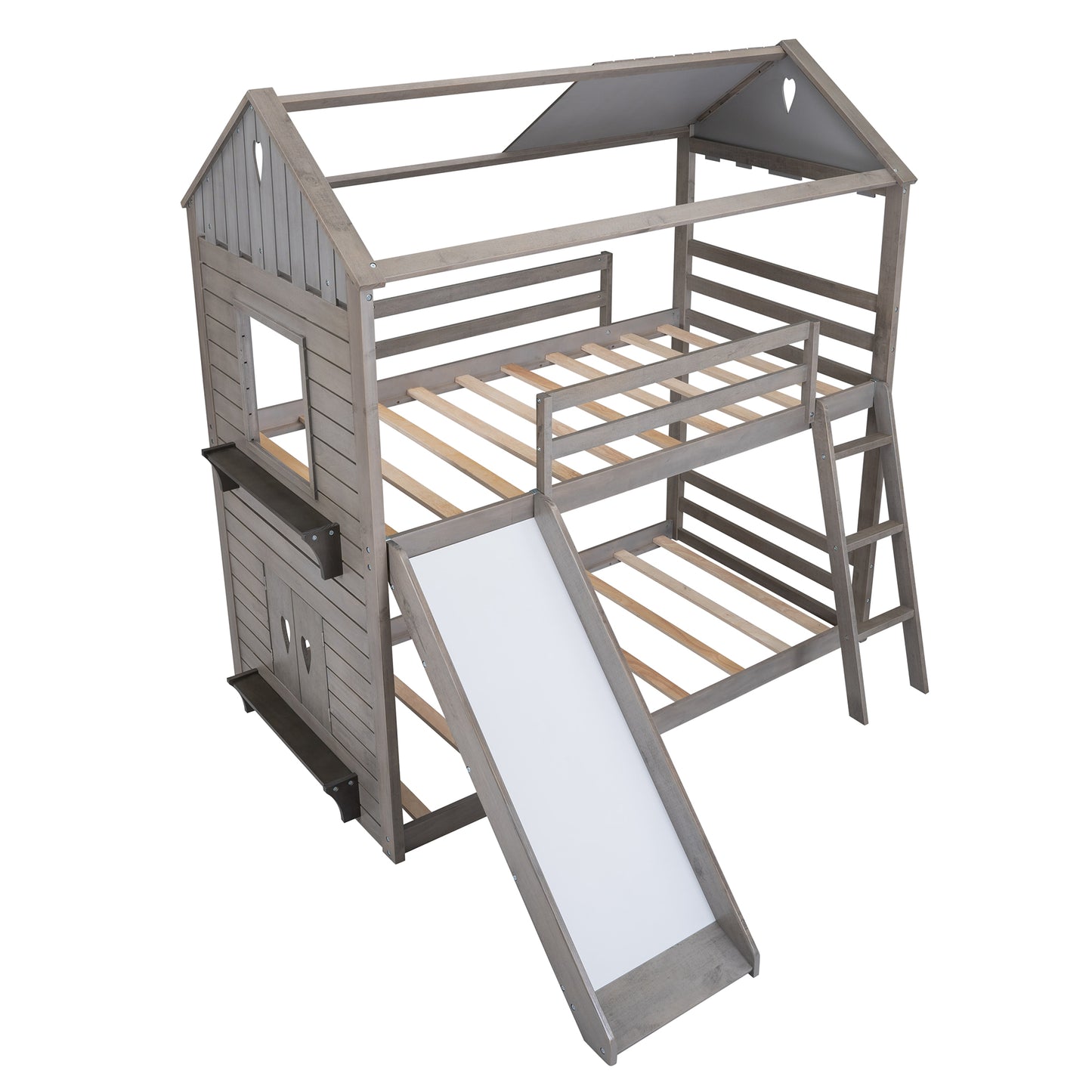 Twin Over Twin Bunk Bed Wood Bed with Roof, Window, Slide, Ladder for Kids, Teens, Girls, Boys ( Antique Gray )