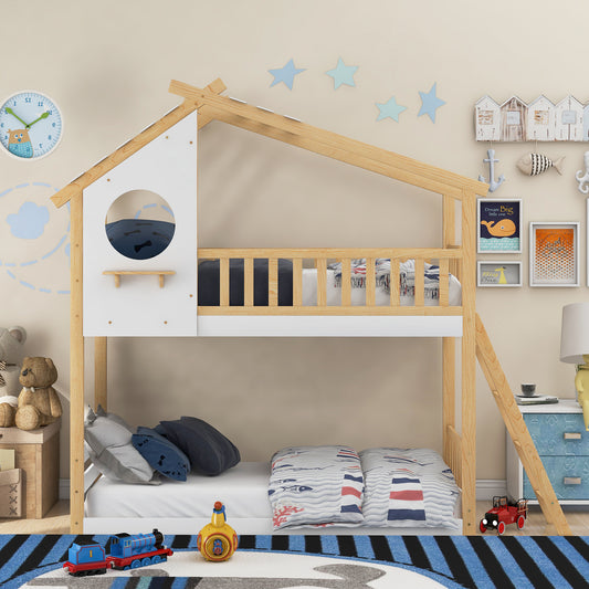 Twin Over Twin Bunk Bed Wood Bed with Roof, Window, Ladder for Kids, Teens, Girls, Boys ( Natural )