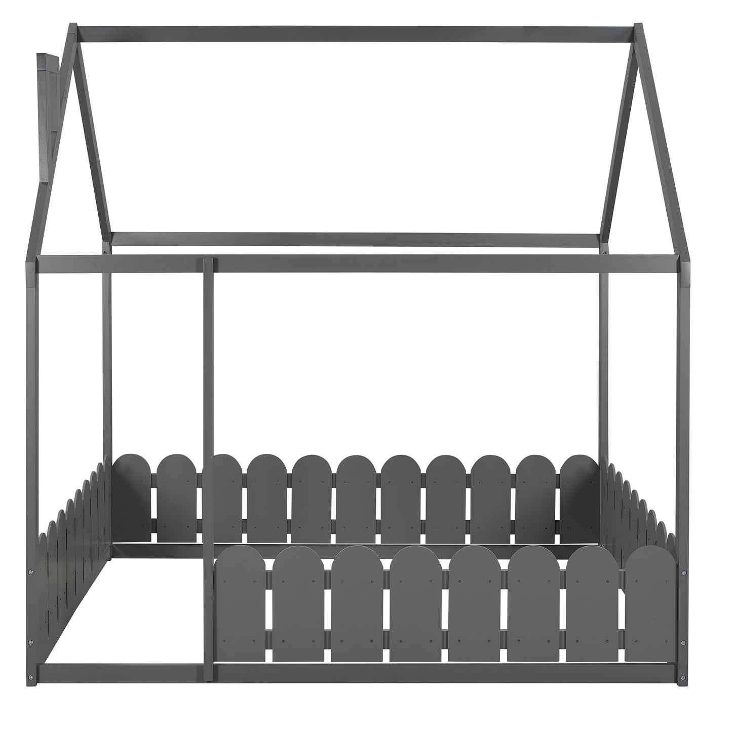 (Slats are not included) Full Size Wood Bed House Bed Frame with Fence, for Kids, Teens, Girls, Boys (Gray )