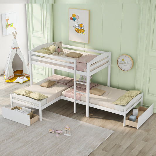 Twin Over Twin Over Twin L-shaped Bunk Bed with Two Drawers, Pine Wood Bed Frame for Kids and Teens, Gray