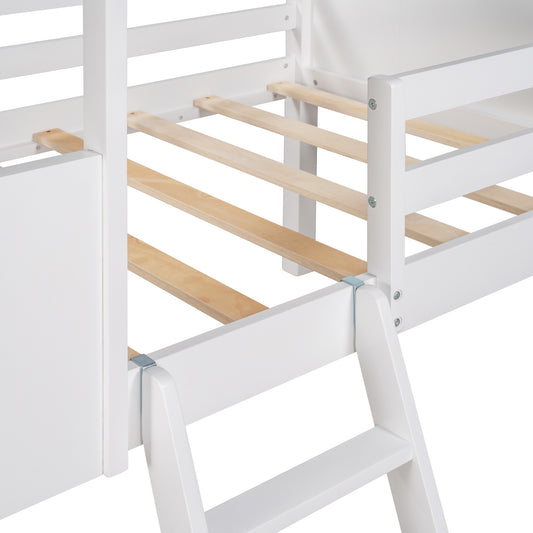 Twin Size Low Loft Wood House Bed with Two Side Windows, for Kids, Teens, Girls, Boys, (Antique Gray+Normal White)