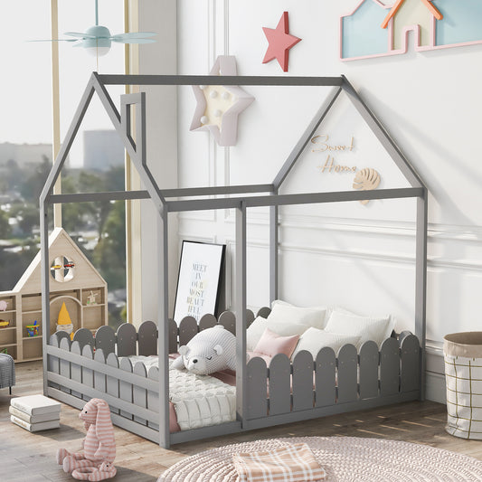 (Slats are not included) Full Size Wood Bed House Bed Frame with Fence, for Kids, Teens, Girls, Boys (Gray )