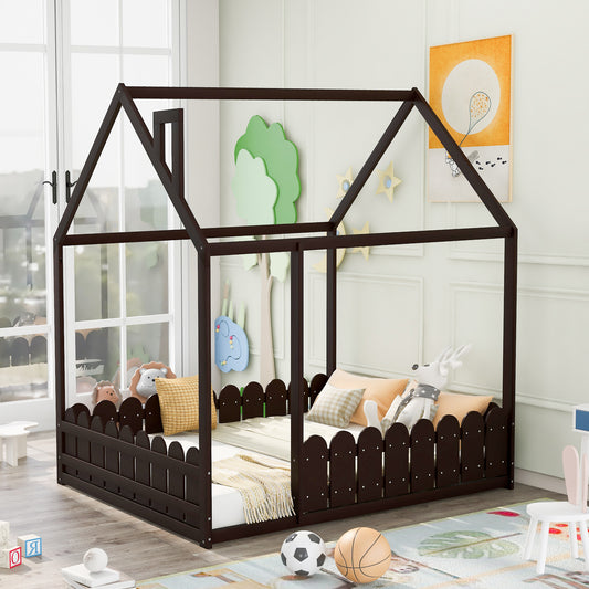 (Slats are not included) Full Size Wood Bed House Bed Frame with Fence, for Kids, Teens, Girls, Boys (Espresso )