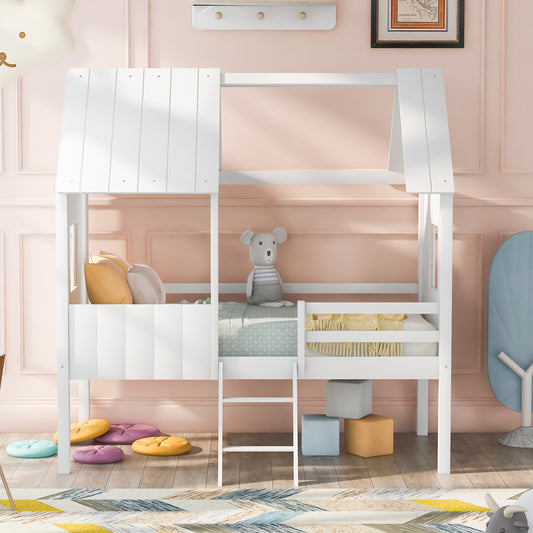 Twin Size Low Loft Wood House Bed with Two Side Windows, for Kids, Teens, Girls, Boys, (Normal White+Normal White)