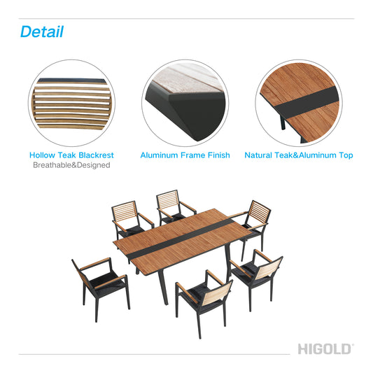 Champion Patio Dining Set, 7 Pieces Outdoor Dining Chairs with Teak Solid Wood Tabletop, Matte Charcoal Aluminum Frame