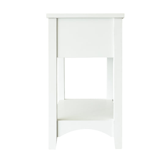 2-Tier Side End Table with Storage Shelf and Drawer, Narrow Nightstand for Living Room Bedroom Small Spaces, Solid Wood Legs, Ivory White