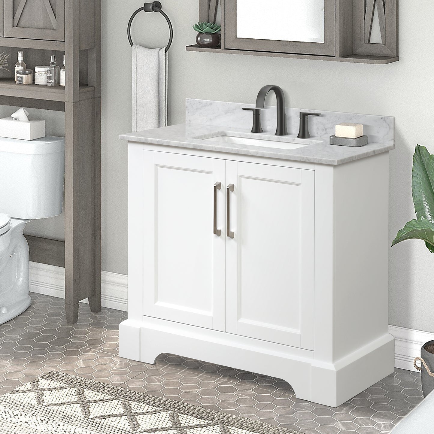 36” Single Solid Wood Bathroom Vanity Set, with Drawers, Carrara White Marble Top, 3 Faucet Hole