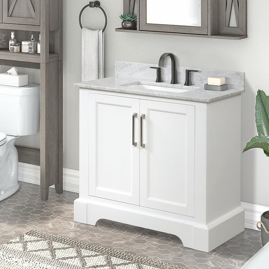 36” Single Solid Wood Bathroom Vanity Set, with Drawers, Carrara White Marble Top, 3 Faucet Hole