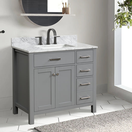 36” Single Solid Wood Bathroom Vanity Set, with Drawers, Carrara White Marble Top, 3 Faucet Hole