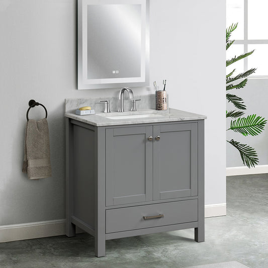 30” Single Solid Wood Bathroom Vanity Set, with Drawers, Carrara White Marble Top, 3 Faucet Hole