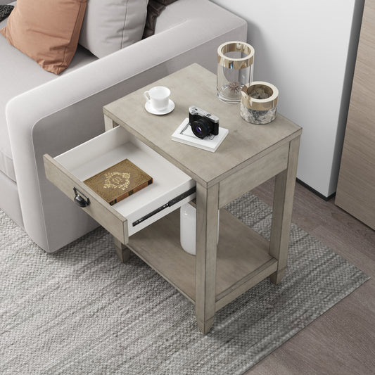 American solid wood square side table with drawer (Antique Gray)