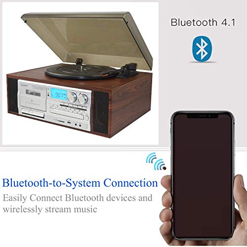 Boytone BT-38SM Bluetooth Classic Turntable Record Player System, AM/FM Radio, CD / Cassette Player, 2 Built-in Stereo Speakers, Record from Vinyl, Radio, and Cassette to MP3, SD Slot, USB, AUX.