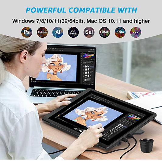 Drawing Tablet with Screen 15.6'' Graphics Drawing Monitor Pen Display with Full Laminated Screen, Tilt Battery-Free Stylus, Touch Bar, & Stand, Compatible for Window/Mac