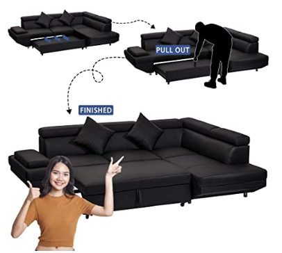 Queen Modern Contemporary Sectional Sofa for Living Room Futon Sofa Bed, Faux Leather Corner Sofa