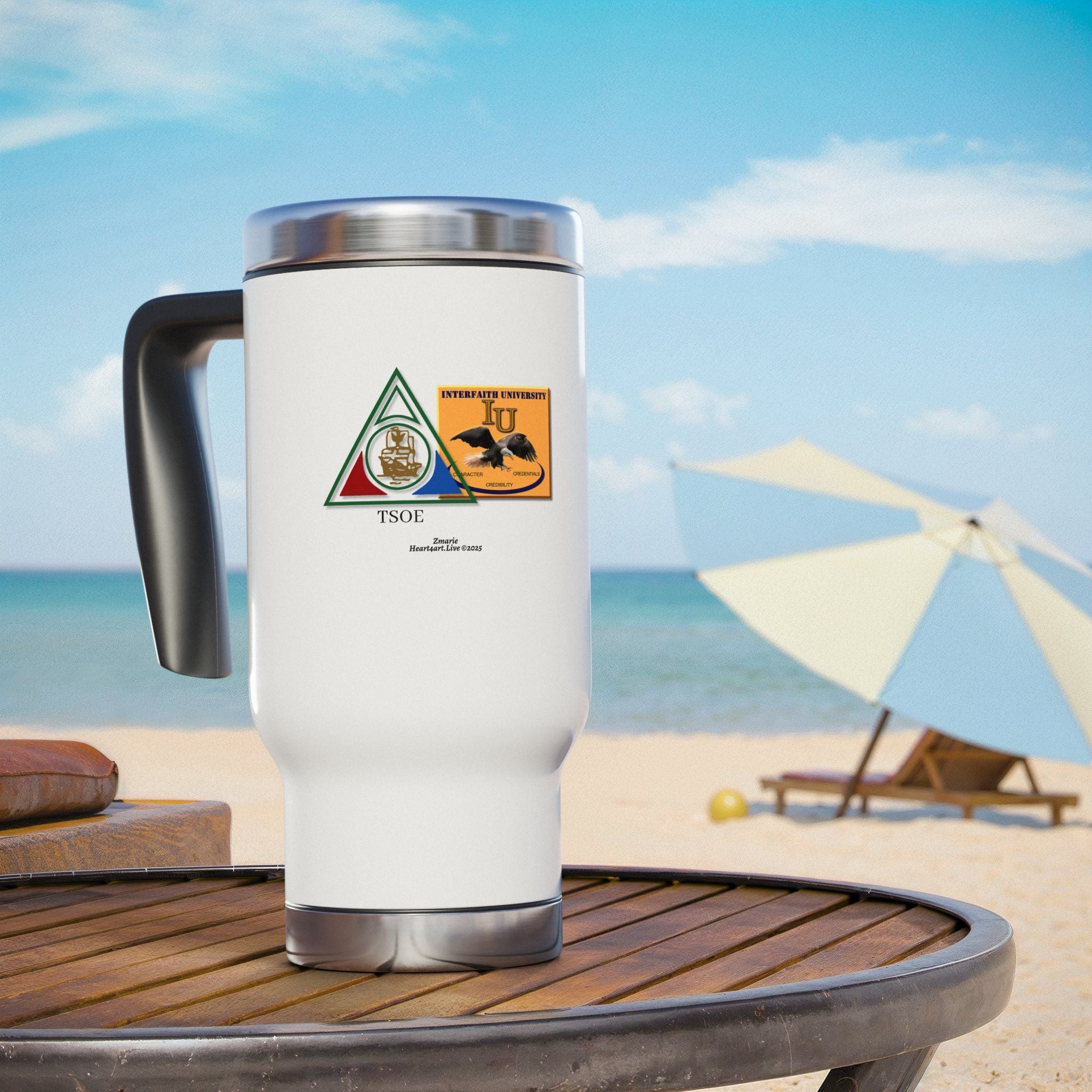 COTLG Jewel Dominion and Interfaith University Stainless Steel Travel Mug with Handle, 14oz