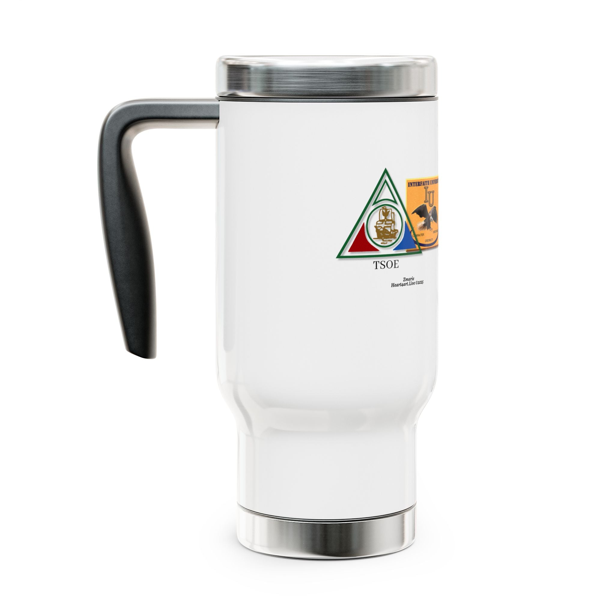 COTLG Jewel Dominion and Interfaith University Stainless Steel Travel Mug with Handle, 14oz