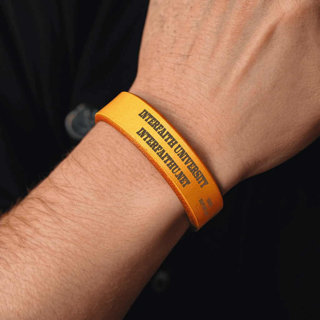 INTERFAITH UNIVERSITY Engraved Leather Cuff Bracelet