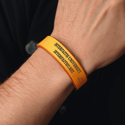 INTERFAITH UNIVERSITY Engraved Leather Cuff Bracelet