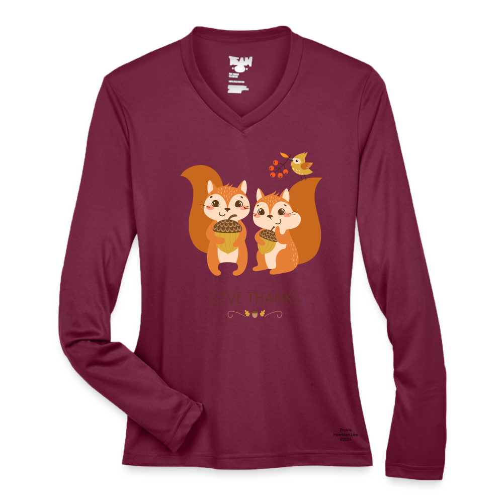 GIVE THANKS Ladies' Zone Performance Long-Sleeve T-Shirt - maroon 