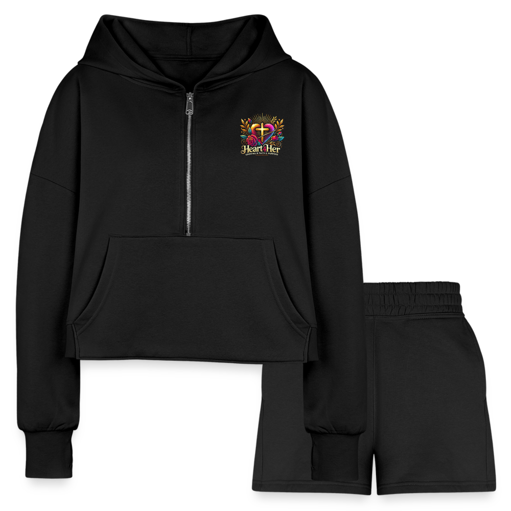 Heart4Her Women’s Cropped Hoodie & Jogger Short Set - black