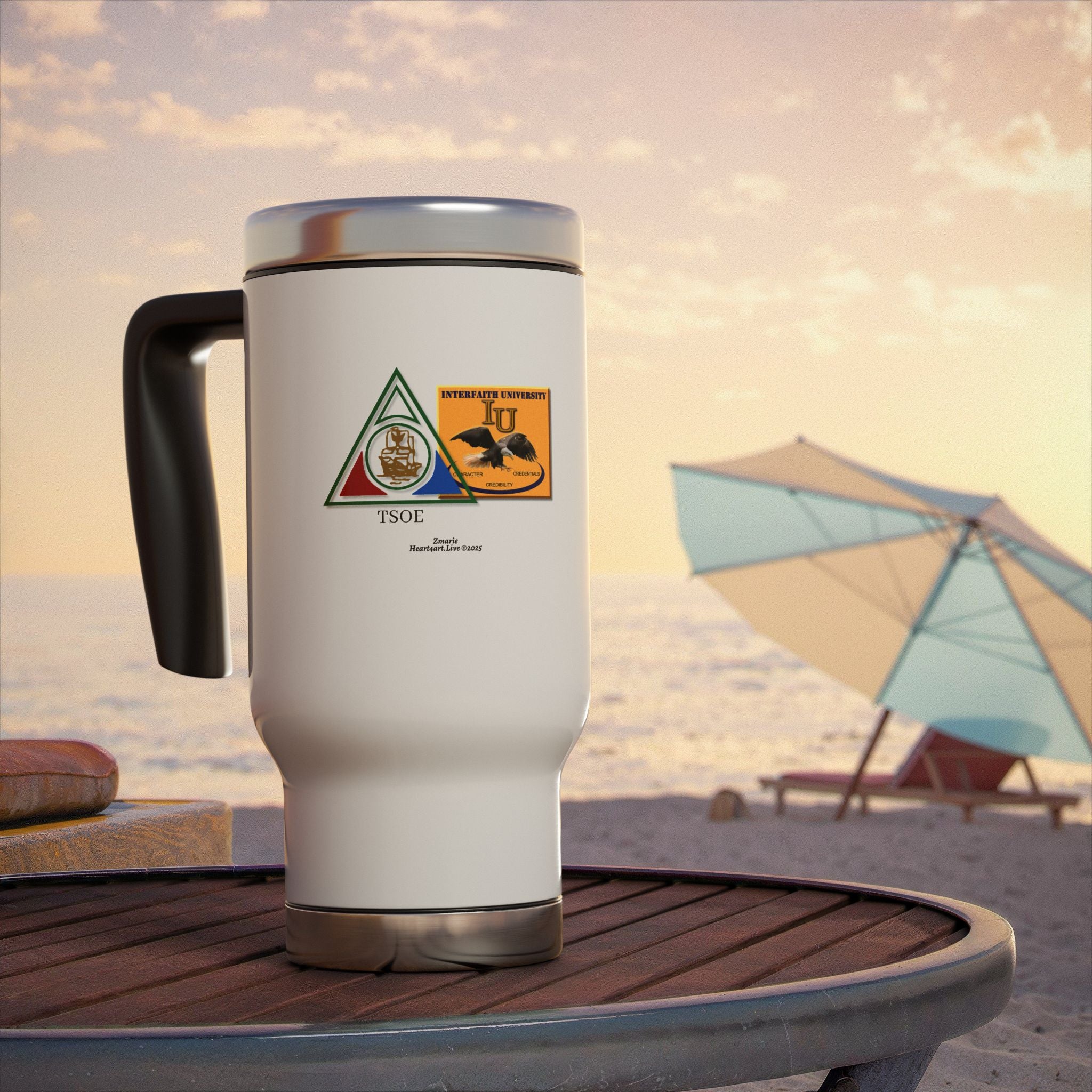 COTLG Jewel Dominion and Interfaith University Stainless Steel Travel Mug with Handle, 14oz