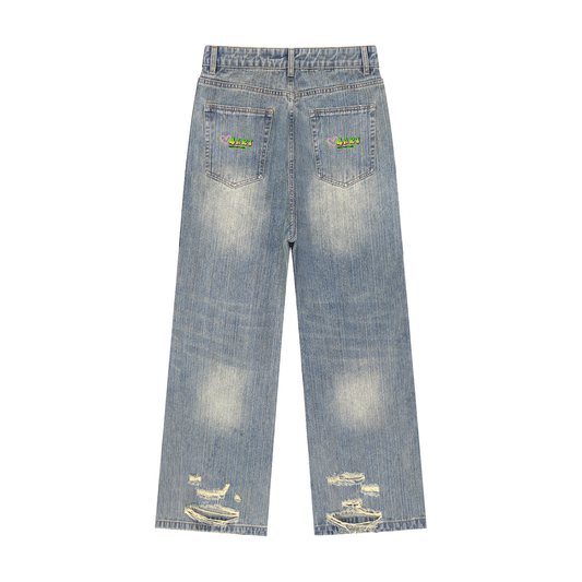 Custom "JESUS IS KING" Vintage Wash Distressed Denim Jeans
