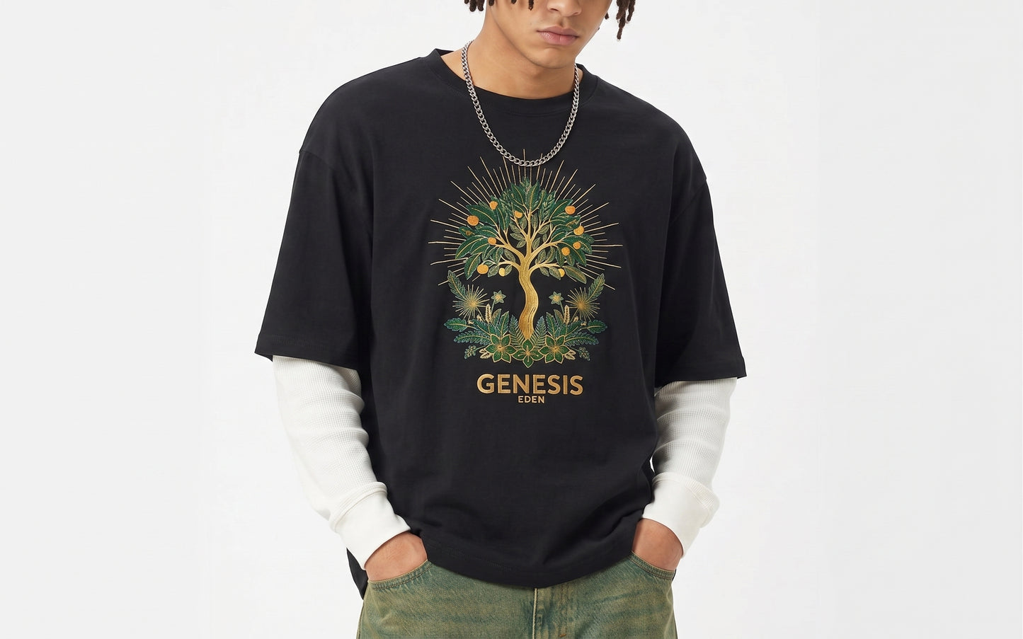 THE GENESIS COLLECTION- Garden Unisex Layered Contrast Sleeve Cotton T-Shirt