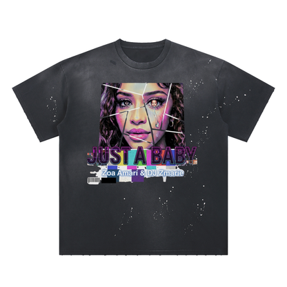 JUST A BABY #GROWING Hand-Frayed Sunfade Paint Splatter T-Shirt
