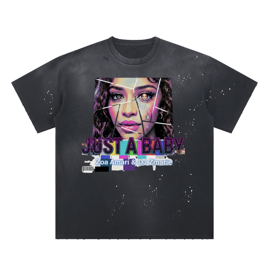 JUST A BABY #GROWING Hand-Frayed Sunfade Paint Splatter T-Shirt