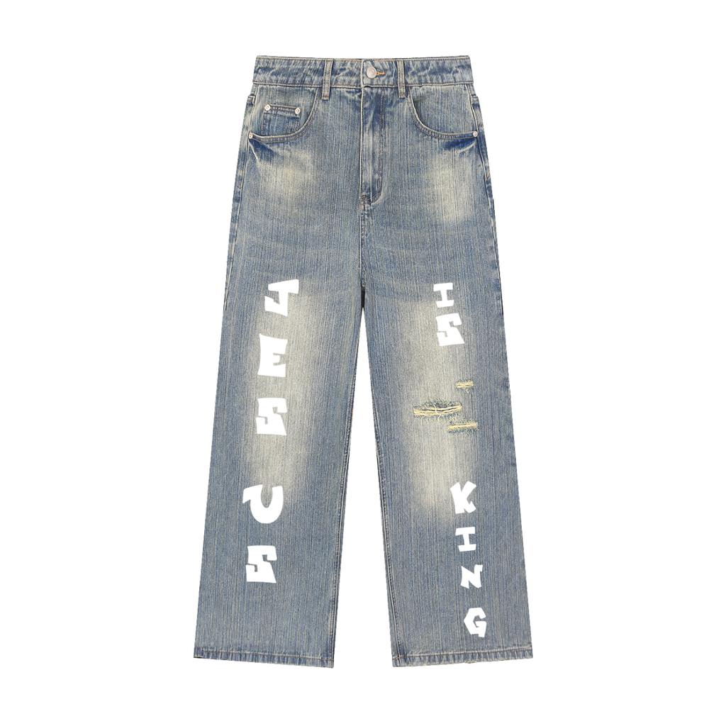 Custom "JESUS IS KING" Vintage Wash Distressed Denim Jeans