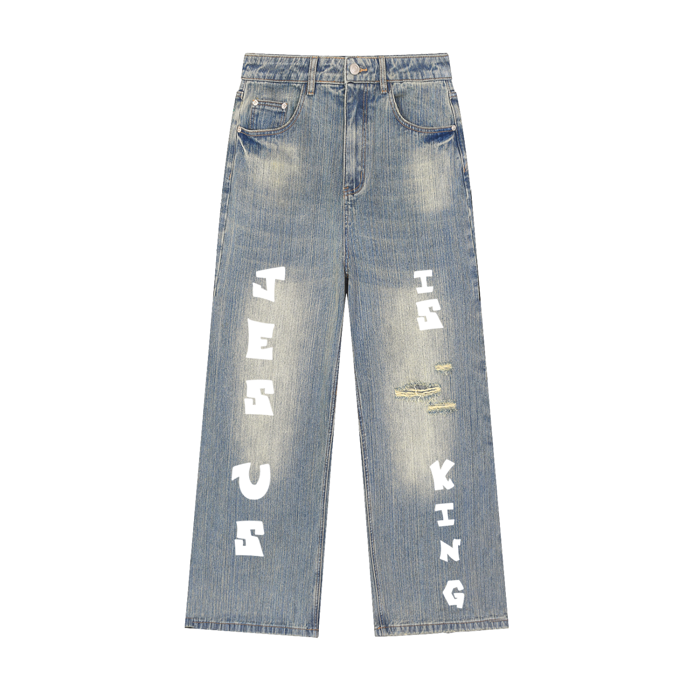 Custom "JESUS IS KING" Vintage Wash Distressed Denim Jeans
