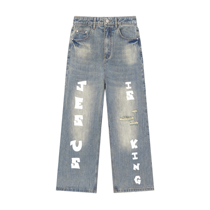 Custom "JESUS IS KING" Vintage Wash Distressed Denim Jeans