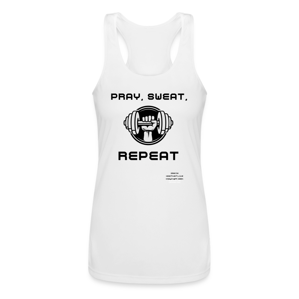 PRAY, SWEAT, REPEAT Women’s Performance Racerback Tank Top - white