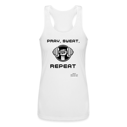 PRAY, SWEAT, REPEAT Women’s Performance Racerback Tank Top - white